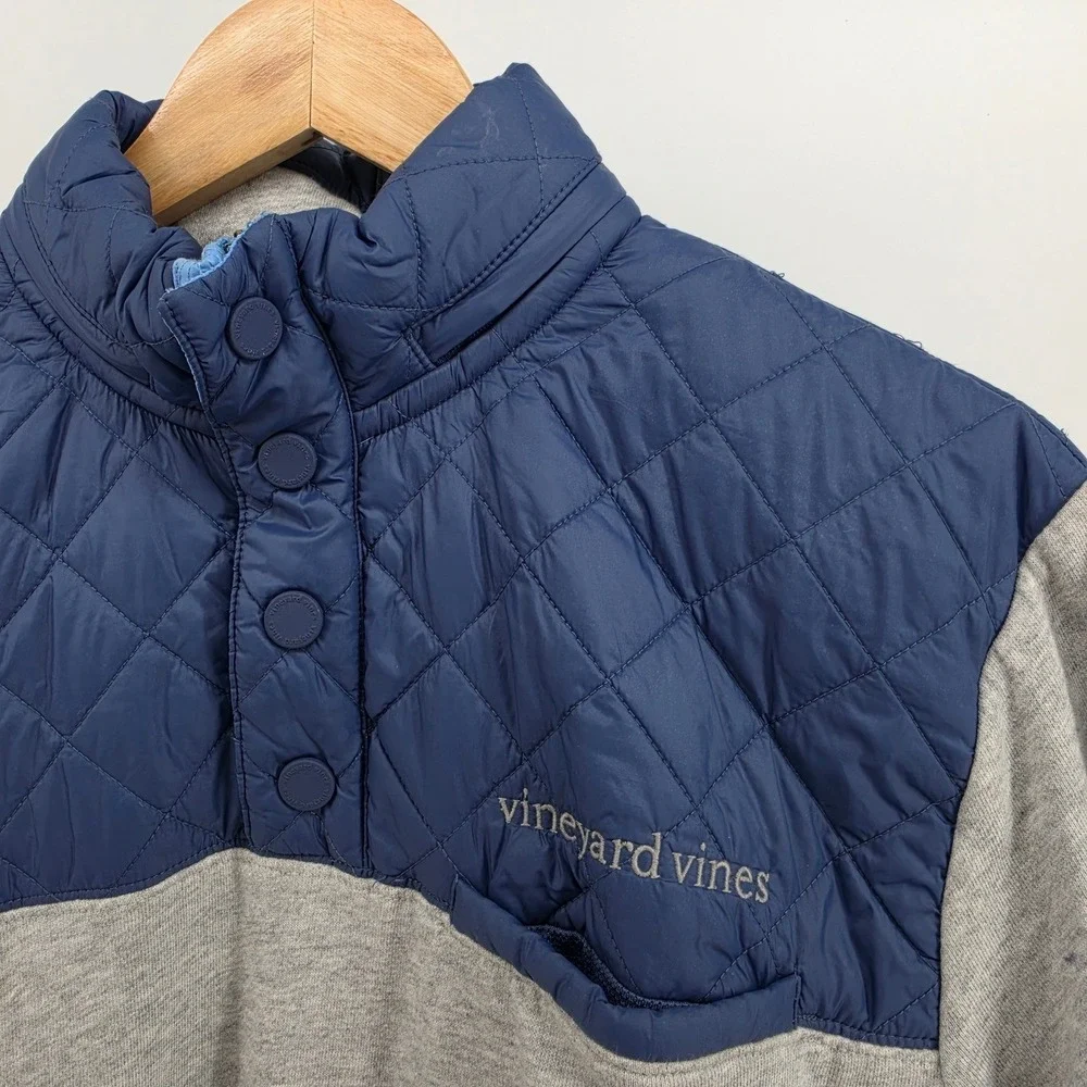 Vineyard Vines Mens Small Gray Blue Quilted Hybrid Shep Shirt Snap Pullover Hood